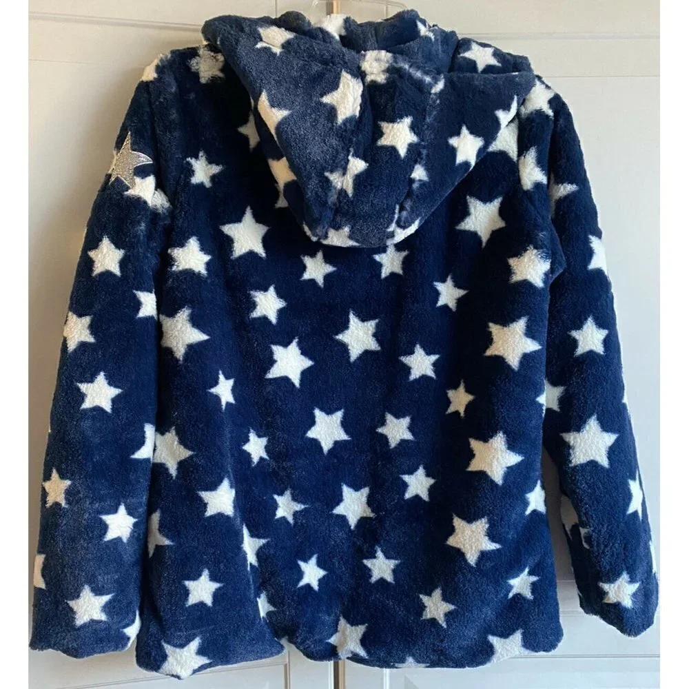 Steve Madden Sz 14/16 Girl’s Blue Faux‎ Fur White Stars Zip Jacket Coat